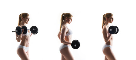 Fit, healthy and sporty woman in sportswear making physical exercises isolated on white. Set collection.の写真素材