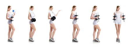 Fit, healthy and sporty woman in sportswear making physical exercises isolated on white. Set collection.の写真素材