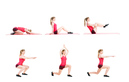 Fit, healthy and sporty woman in sportswear making physical exercises isolated on white. Set collection.の写真素材