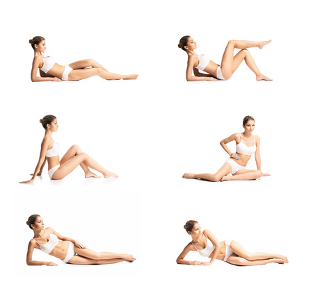 Young, sporty and fit girl in white underwear. Isolated background. Set collection. Fitness Concept.の写真素材