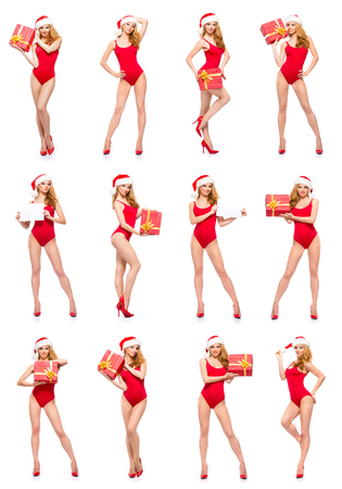 Collage of different photos of young, beautiful and sexy Santa girl posing isolated on white.の写真素材
