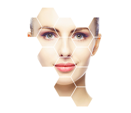 Beautiful face of young and healthy girl.  Plastic surgery, skin care, cosmetics and face lifting concept.の写真素材