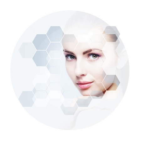 Human face in honeycomb. Young and healthy girl in plastic surgery, medicine, spa and face lifting concept.の写真素材