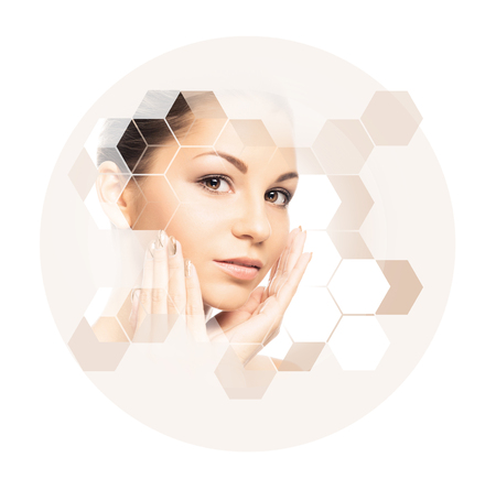 Beautiful face of young and healthy girl.  Plastic surgery, skin care, cosmetics and face lifting concept.の写真素材