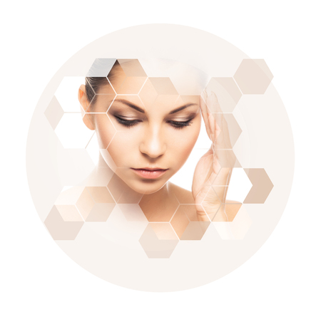 Facial portrait of young and healthy girl. Plastic surgery, skin care, cosmetics and face lifting concept.の写真素材