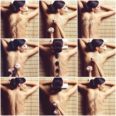 Massage and healing collection. woman in spa. Health and therapy concept. Hot stones, herbal balls and jar cupping.の写真素材