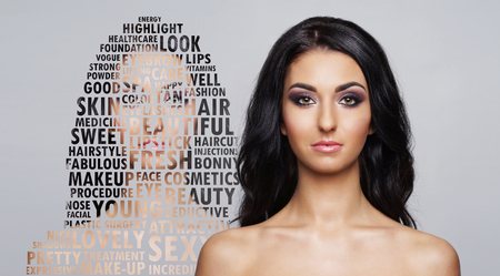 Portrait of young and healthy woman in health care and cosmetics concept. Collage with word mosaic.の写真素材