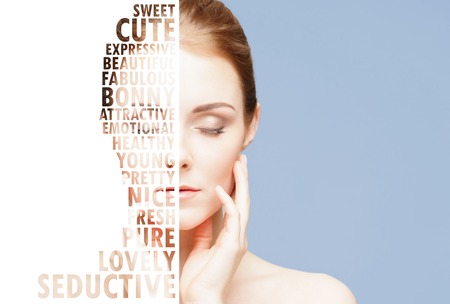 Beautiful female face in healthcare and cosmetology concept. Collage with word mosaic effect.の写真素材