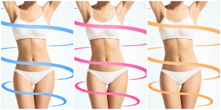 Collage of a female body with arrows. Fat lose, health, sport, fitness, nutrition, liposuction, healthy life-style concept.の写真素材