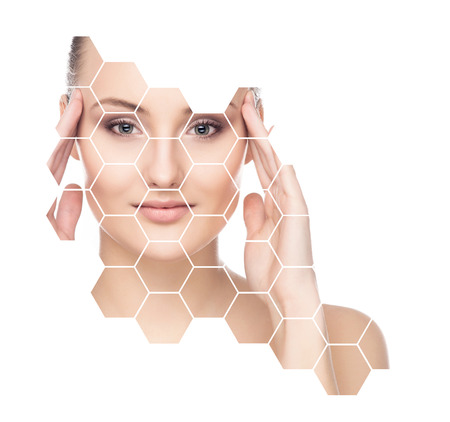 Beautiful face of young and healthy girl.  Plastic surgery, skin care, cosmetics and face lifting concept.の写真素材