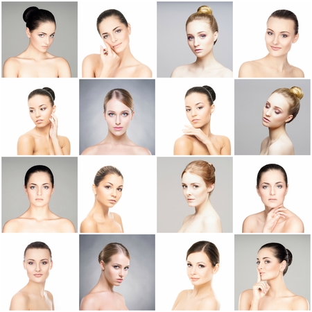 Beautiful, healthy and young female portraits collection. Collage of different women faces. Face lifting, skincare, plastic surgery and make-up concept.の写真素材
