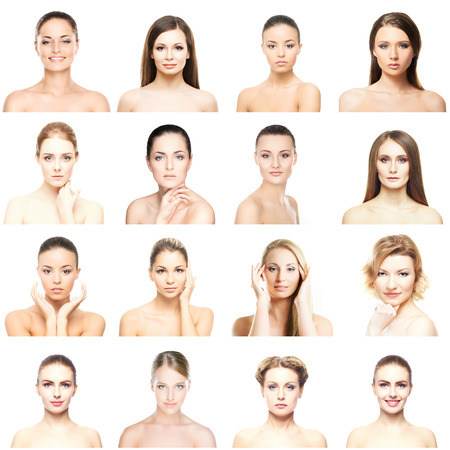 Collage of beautiful, healthy and young spa portraits. Faces of different women. Face lifting, skincare, plastic surgery and make-up concept.の写真素材