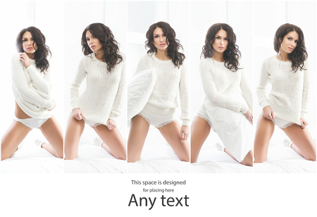 Young, slim and sexy girl in white underwear and sweater. Collage collection.の写真素材