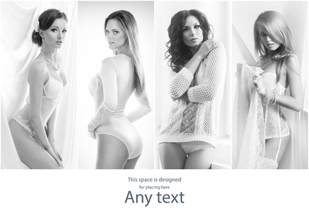 Sexy and beautiful brides in underwear. Young fashion model posing in sexy lingerie. Black and white collage.の写真素材