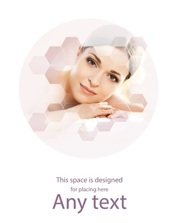 Young and beautiful woman in spa. Collage with honeycomb mosaic tiles. Massaging and healing concept.の写真素材