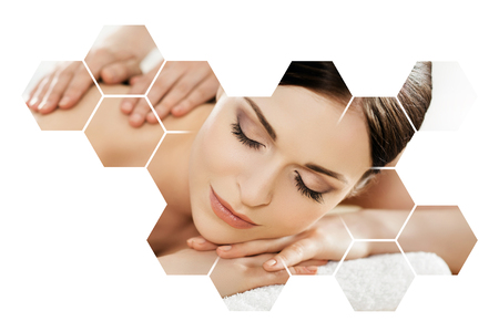 Young and beautiful woman in spa. Collage with honeycomb mosaic tiles. Massaging and healing concept.の写真素材