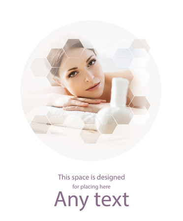 Young and beautiful woman in spa. Collage with honeycomb mosaic tiles. Massaging and healing concept.の写真素材