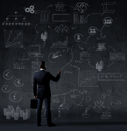 Businessman with briefcase.  Schematic background. Business and office, concept.の写真素材
