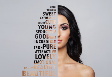Portrait of young and healthy woman in health care and cosmetics concept. Collage with word mosaic.の写真素材