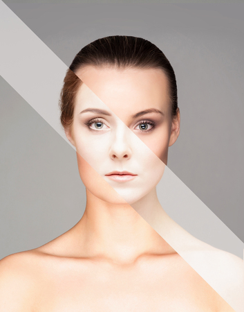 Perfect female face made of different faces. Plastic surgery and cosmetics concept.の写真素材