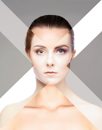 Perfect female face made of different faces. Plastic surgery concept.の写真素材