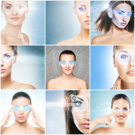 Healthy women with a laser hologram on eyes. Collage about eye scanning technology, ophthalmology and surgery. Futuristic concept.の写真素材