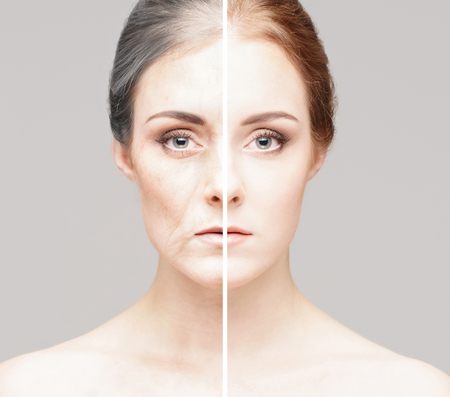 Collage of two portraits of the same old woman and young girl.の写真素材