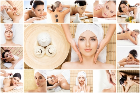 Traditional massage and healthcare treatment in spa. Young, beautiful and healthy girls having therapy. Collage collection.の写真素材
