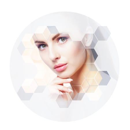 Facial portrait of young and healthy woman. Plastic surgery, skin care, cosmetics and face lifting concept.の写真素材
