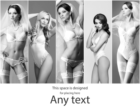 Black and white bridal lingerie collection. Sexy girls posing in white underwear. Underwear collage.の写真素材