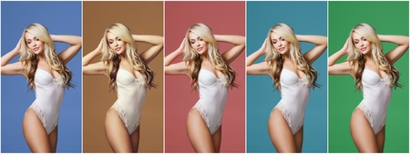 Collage of a young, sporty and fit woman in white underwear over different colorful background. Fashion and beauty concept.の写真素材