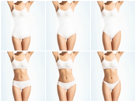 Collage of a female body in white underwear. Health, sport, fitness, nutrition, weight loss, diet, cellulite removal, liposuction, health concept.の写真素材