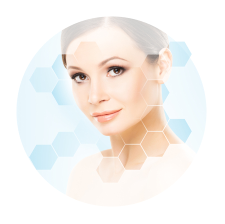 Beautiful face of young and healthy woman. Plastic surgery, skin care, cosmetics and face lifting concept.の写真素材