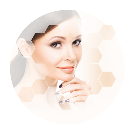 Beautiful face of young and healthy woman. Plastic surgery, skin care, cosmetics and face lifting concept.の写真素材