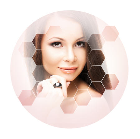 Beautiful face of young and healthy girl.  Plastic surgery, skin care, cosmetics and face lifting concept.の写真素材