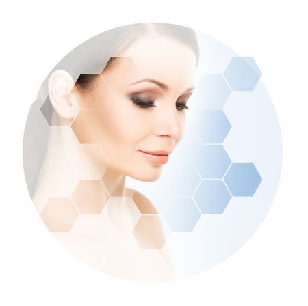 Beautiful face of young and healthy girl.  Plastic surgery, skin care, cosmetics and face lifting concept.の写真素材