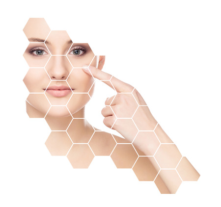 Beautiful face of young and healthy girl.  Plastic surgery, skin care, cosmetics and face lifting concept.の写真素材