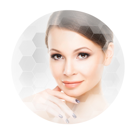 Beautiful face of young and healthy girl.  Plastic surgery, skin care, cosmetics and face lifting concept.の写真素材