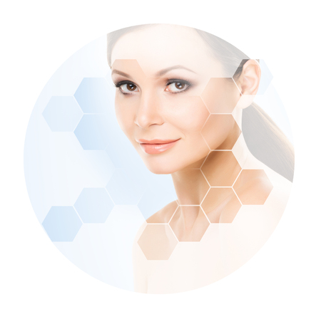 Beautiful face of young and healthy woman. Plastic surgery, skin care, cosmetics and face lifting concept.の写真素材
