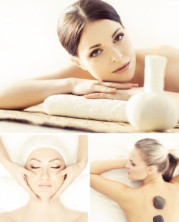 Collage with young and healthy woman relaxing in spa salon. Girl getting traditional oriental aroma therapy and massaging treatments. Healthcare and medicine concept.の写真素材