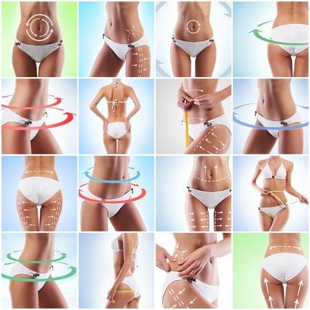 Collage of a female body with arrows. Fat lose, health, sport, fitness, nutrition, liposuction and life-style concept.の写真素材