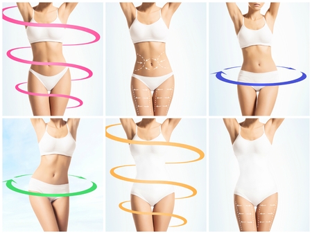 Fit and sporty female body. Woman in white swimsuit.の写真素材
