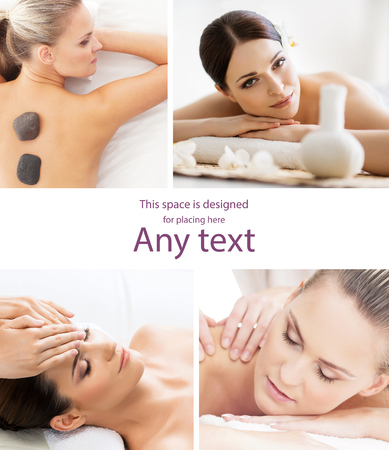 Young, beautiful and healthy woman getting traditional oriental aroma therapy and massaging treatments. Girl relaxing in spa salon. Healthcare and medicine concept collage.の写真素材