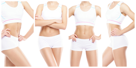 Healthy, sporty and beautiful girl isolated on white background. Woman in a fitness workout collection. Nutrition, diet, sport and body care concept.の写真素材