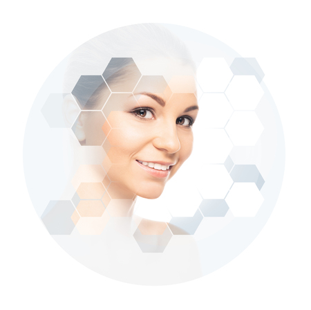 Beautiful face of young and healthy girl. Plastic surgery, skin care, cosmetics and face lifting concept.の写真素材