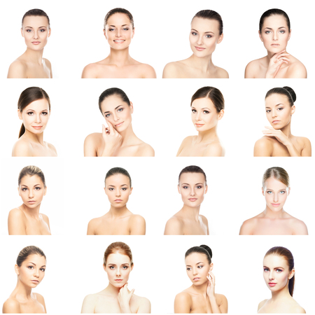 Collage of beautiful, healthy and young spa female portraits. Faces of different women. Face lifting, skincare, plastic surgery and make-up concept.の写真素材