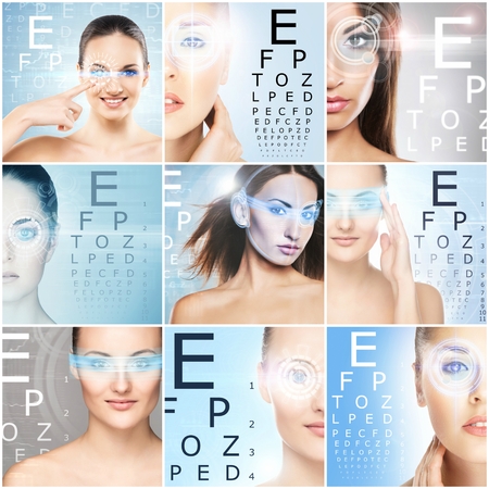 Healthy women with a laser hologram on eyes. Eye scanning technology, ophthalmology and surgery.の写真素材