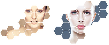 Beautiful face of young and healthy girl in collage. Plastic surgery, skin care, cosmetics and face...
