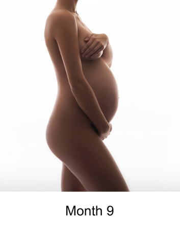 Naked pregnant woman isolated on whiteの写真素材