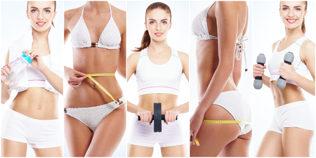 Slim and slender girl in a sport concept. Sport, fitness, weight loss, body care and workout collection.の写真素材